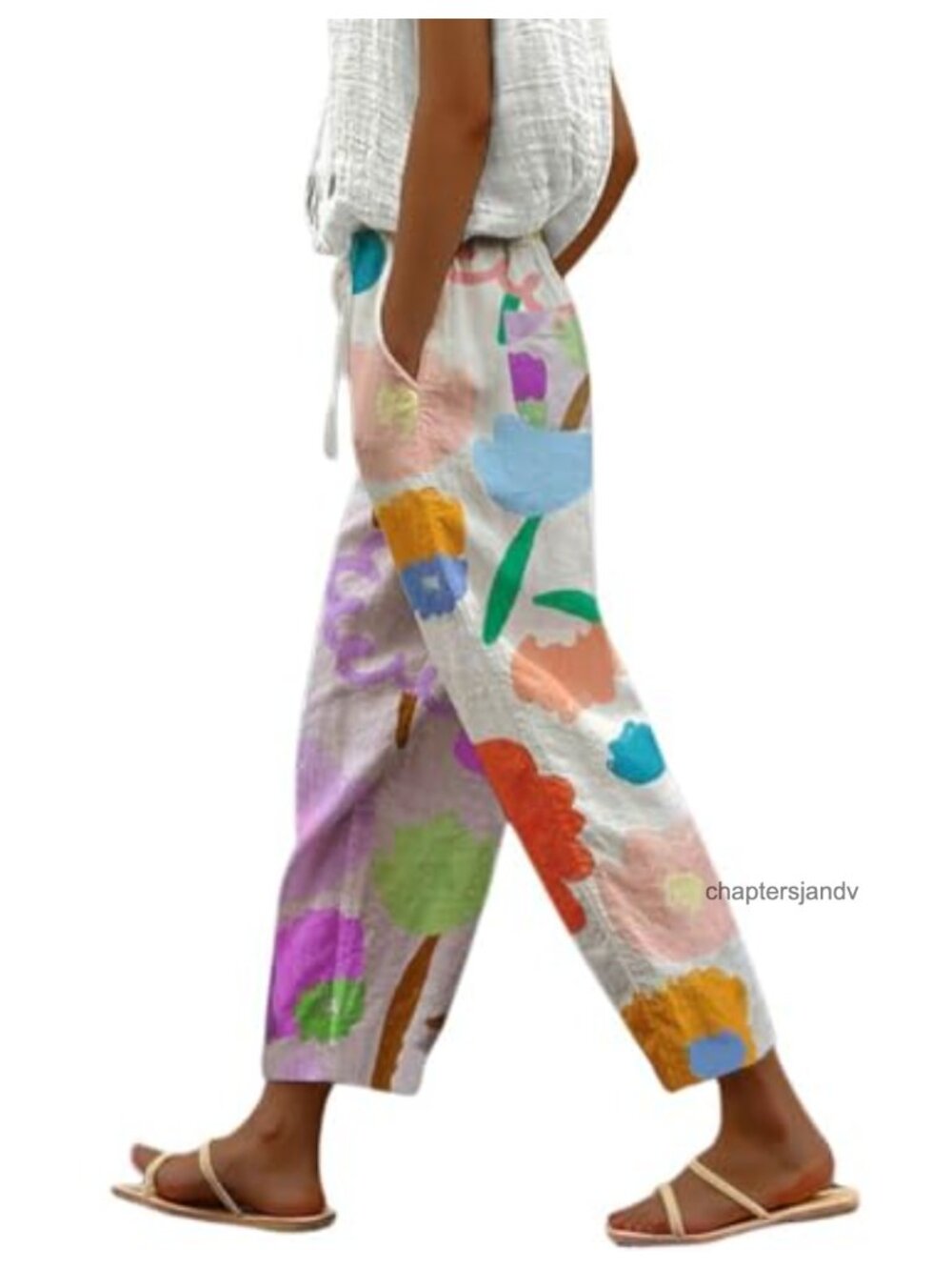 Vintage Floral Print High Waist Wide Leg Capri Palazzo Pants with Pockets
